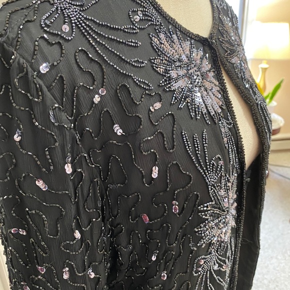 Vintage Silk Beaded Evening Jacket Sz Medium sequin 90s 80s Black - Picture 4 of 10
